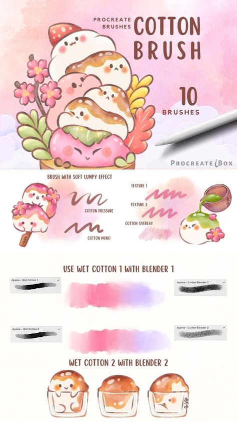 Kawaii Procreate Cotton brushes Kawaii Procreate, Paper Overlay, Skin Paint, Illustrator Brushes, Procreate Brushes Free, Kawaii Style, Free Brush, Cotton Texture, Kawaii Design