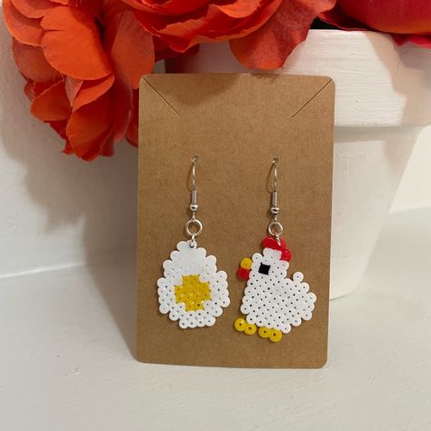 Perler Bead Chicken And Egg Earrings White, Yellow, Black And Red New Handmade 1.5” Inches Perler Beads Bundle To Save Don’t Be Afraid To Send Offers :) Chicken Perler Bead Patterns, Egg Perler Bead Patterns, Perler Bead Tic Tac Toe, Chicken Perler Beads, Peeler Bead Earrings, Perler Bead Earrings Patterns, Melty Beads Patterns, Mini Perler Bead Patterns, Perler Beads Earrings