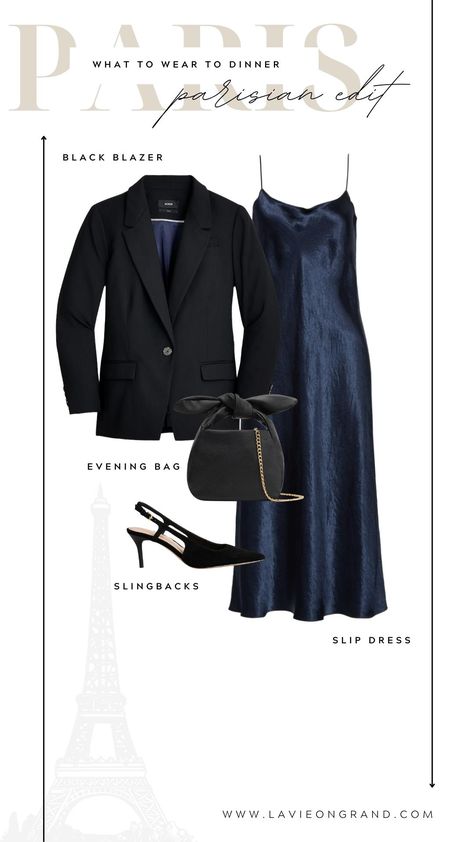 What to wear to dinner in Paris, a blue silk dress, black blazer, slingbacks, and small black purse. Parisian Dinner Party Outfit, Cocktail Lunch Outfit, Parisian Evening Outfit, Parisian Summer Style Outfits, An Evening In Paris Theme Party, Evening In Paris Outfit, Parisian Dinner Outfit, Paris Holiday Outfits, Parisian Party Outfit