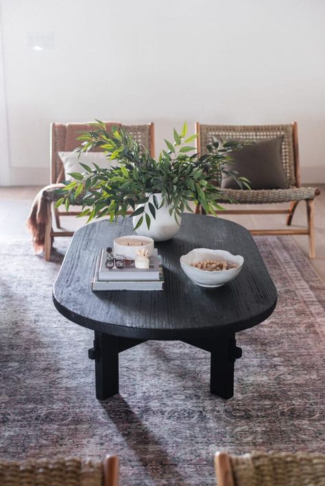 Antique Black Coffee Table, Black And Wood Coffee Table Living Room, Round Black Coffee Table Styling, Oval Modern Coffee Table, Black Farmhouse Coffee Table, Round Wood Coffee Table Diy, Style Oval Coffee Table, Black Stained Coffee Table, Anthropologie Coffee Table