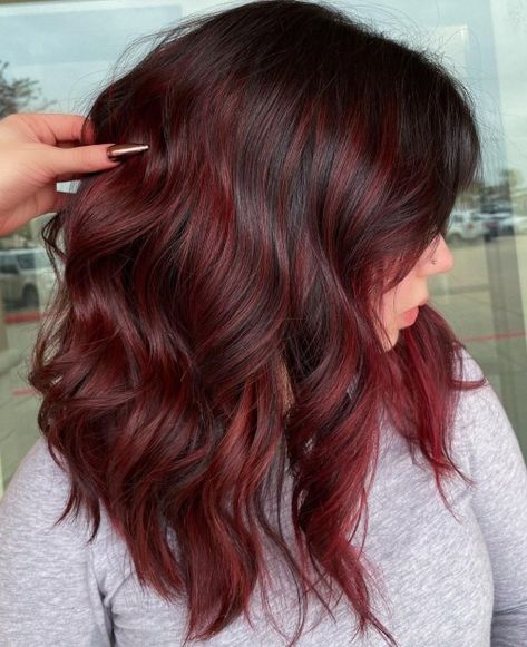 Cool-Tone Mocha Red Balayage Hair Red Balayage Short Hair Brunettes, Red On Brown Balayage, Chocolate And Red Hair Color, Red Wine Hair Color Balayage, Brown Hair Red Undertone Highlights, Red Hair With Brunette Roots, Brunettes With Red Hair, Red Tone Balayage, Medium Brown To Red Balayage