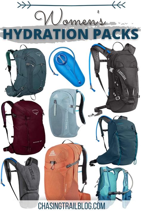 "Women's hydration packs," "chasingtrailblog.com," and eight hydration packs for women, along with a CamelBak Crux water reservoir. The hydration packs include a CamelBak LUXE, Osprey hydration pack, and several best hydration packs for hiking. Camelbak Hydration Pack, Camelback Water Backpack, Water Backpack Hydration Pack, Solo Hiking, Water Backpack, Hydration Backpack, Backpacks For Women, Hiking Pack, Hiking Essentials