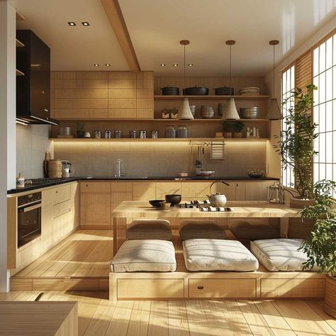 Japanese Wood House Architecture, Muji Kitchen Design Small, Japanese Architecture Interior Design, Japanese Ryokan Interior, Japanese Themed House, Slanted Roof Interior, Home Interior Design Japanese, Tokyo House Interior, Vietnamese House Interior