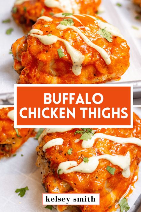 Two chicken thighs covered in buffalo sauce and drizzles with ranch dressing. Buffalo Chicken Thigh Recipes, Buffalo Chicken Keto Recipes, Keto Chicken Thighs Bone In, Hot Sauce Chicken Recipes, Buffalo Chicken Thighs Boneless, Bone In Skin On Chicken Thighs, Chicken Thighs Bone In Skin On, Baked Chicken Thighs Bone In Skin On, Bone In Skin On Chicken Thigh Recipes