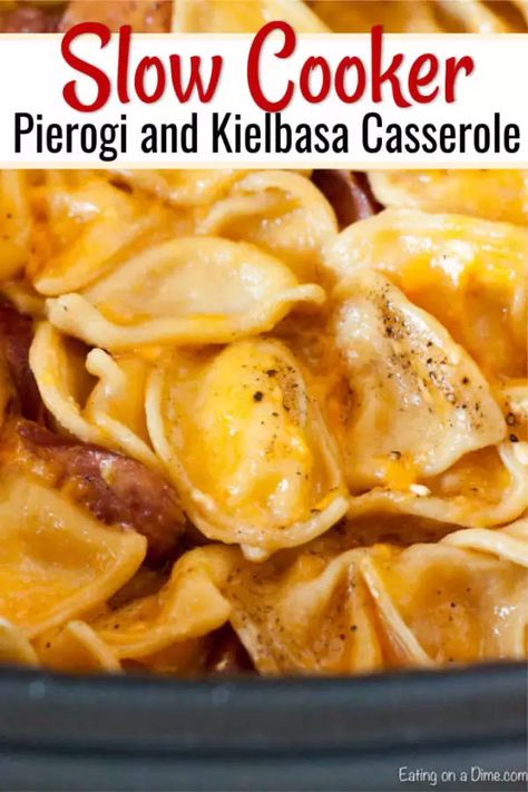 Crock Pot Cheesy Pierogi and Kielbasa Casserole is an easy one pot meal for the best comfort food. Dinner is a breeze with this flavor packed recipe. Perogies In Crockpot, Pierogi And Kielbasa, Kielbasa Casserole, Pierogi Recipes, Sausage Crockpot Recipes, American Meals, Crockpot Potato, Favorite Casserole Recipes, Sausage Crockpot