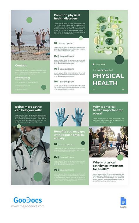 Green+Modern+Health+Brochure Health Brochure Design, Aura Branding, Dental Radiology, Health Brochure, Health Flyer, Dental Design, Editing Lightroom, Leaflet Design, Food Poster Design