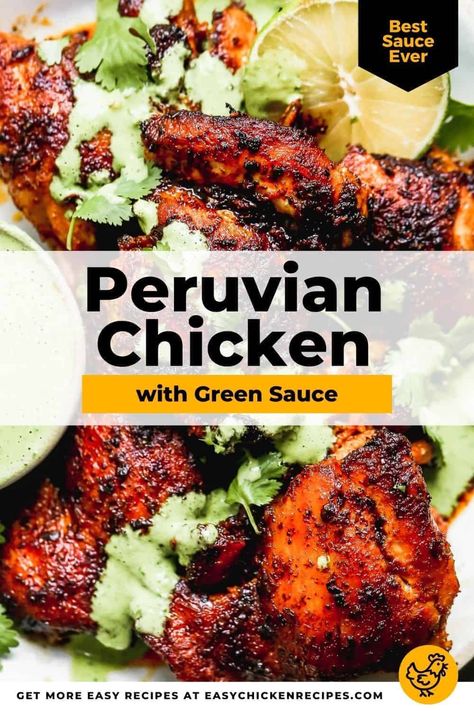 So easy, but loaded with fresh and vibrant flavors, this Peruvian chicken is one delicious dinner. Marinated with lime, spices and herbs and drizzled with a cilantro green sauce, this chicken thigh recipe is a must! Peruvian Chicken With Green Sauce, Chicken With Green Sauce, Peruvian Chicken Recipe, Creamy Cilantro Sauce, Honey Mustard Chicken Thighs, Green Sauce Recipe, Chicken Pollo, Peruvian Chicken, Marinated Chicken Thighs