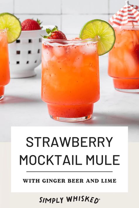 Lime and ginger beer are balanced by sweet strawberry and simple syrup in this alcohol free mule. Garnish this strawberry mocktail with a lime wheel and cocktail umbrella for a beautiful family-friendly drink. Mocktail Mule Recipe, Strawberry Mango Mocktail, Non Alcoholic Mule, Mango Mule Mocktail, Strawberry Lime Mocktail, Moscow Mule Mocktail Recipe, High Tea Drinks, Mule Mocktails, Mocktail Mule