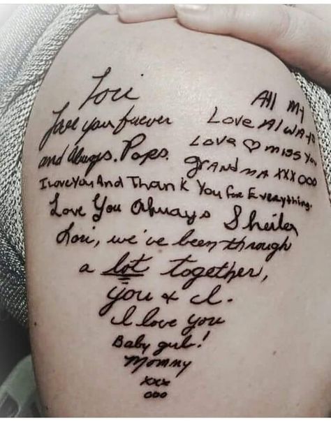 Family Signature Tattoo, Family Memorial Tattoos, Serious Tattoos, Quotes Tattoo Ideas, Signature Tattoo, Collage Tattoo, Memorial Tattoo Quotes, Knitting Tattoo, Handwriting Tattoos