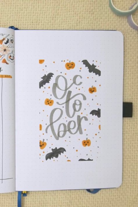 October Book Journal Ideas, Fall Theme Journal, October Book Journal, Easy Bujo Themes, Halloween Journal Ideas, October Journal Ideas, October Bullet Journal Ideas, October Bullet Journal Cover, Halloween Bujo