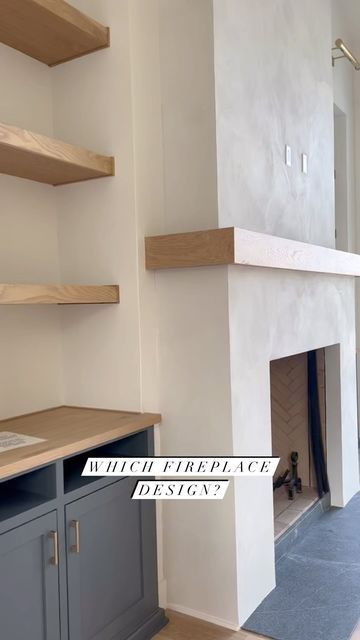 Built In Flanking Fireplace, Simple Fireplace With Built Ins, Plastered Fireplace With Wood Mantel, Monochrome Fireplace Wall, White Lime Wash Fireplace, Cupboards By Fireplace, Marble And Plaster Fireplace, Fireplace Ledge Ideas, Fireplace Makeover Short Ceiling