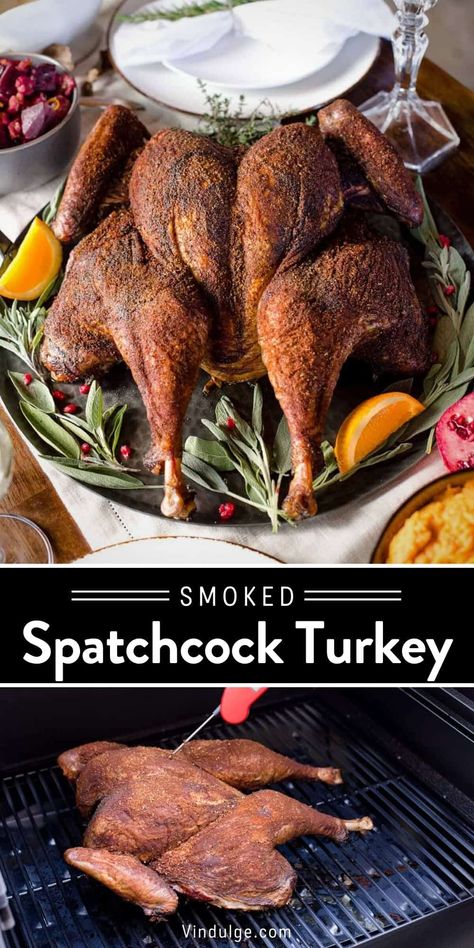 A Smoked Spatchcocked Turkey is a game changer for the holidays or any special occasion. Spatchcocking a turkey (removing the backbone and flattening it) allows it to cook faster, and also more evenly versus a traditional whole bird. And smoking a turkey adds amazing flavor that cannot be replicated in the oven. Learn the steps for the perfect holiday turkey with an added spicy and savory Cajun seasoning. Smoked Spatchcock Turkey, Spatchcock Turkey Recipe, Spatchcocked Turkey, Smoked Whole Turkey, Spatchcock Turkey, Smoked Turkey Recipes, Pellet Grill Recipes, Traeger Recipes, Grilled Turkey