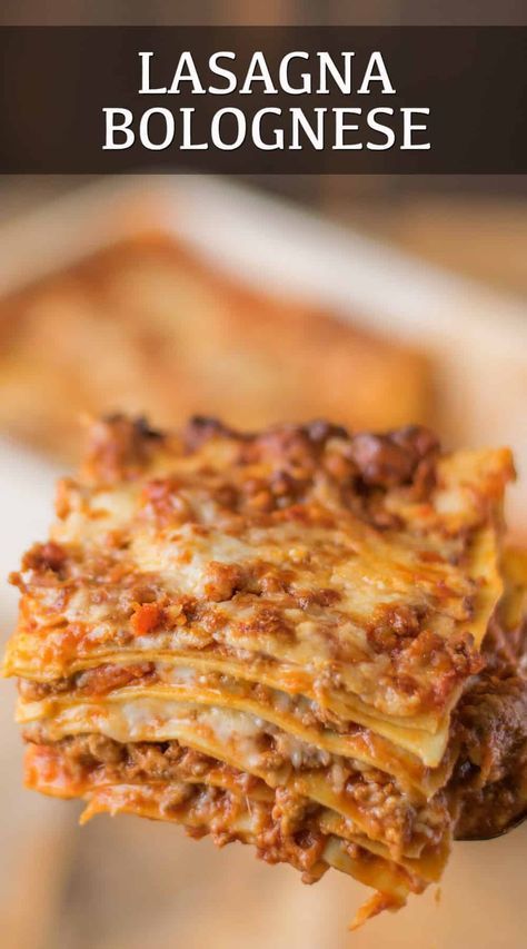 Lasagna (lasagne) Bolognese is a hearty Italian classic recipe with layers of fresh pasta, Bolognese sauce, béchamel sauce and Parmesan cheese. #lasagna #lasagnabolognese #italianlasagna #lasagne Bechamel Lasagna Recipe, Bechamel Sauce Recipe Lasagne, Beshemell Sauce Recipe, Sicilian Lasagna, Lasagna Bolognese Recipe, Lasagna With Bechamel Sauce, Homemade Bolognese, Classic Lasagna Recipe, Ragu Bolognese