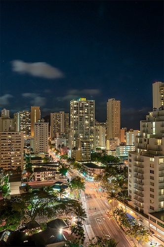 Honolulu night view, #honolulu I was there in the year 2000.  Everyone is out walking at night;) Honolulu Hawaii Vacation, Hawaii City, Honolulu City, Hawaii Waikiki, Street Building, Hawaii Honolulu, Honolulu Waikiki, Waikiki Hawaii, Hawaii Usa