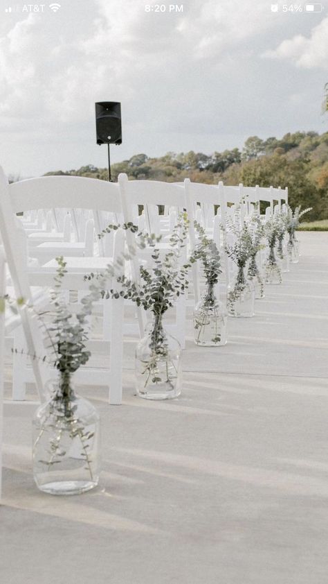 Chapel Aisle Decorations, Eucalyptus Isle Wedding, Wedding Decor Ceremony Outdoor, Isle Pieces For Wedding, Ceremony Aisle Decor Outdoor Benches, Non Floral Wedding Aisle Decor, Glass Jug Aisle Decor, Minimal Decoration Wedding, Alter Wedding Decorations Outdoor