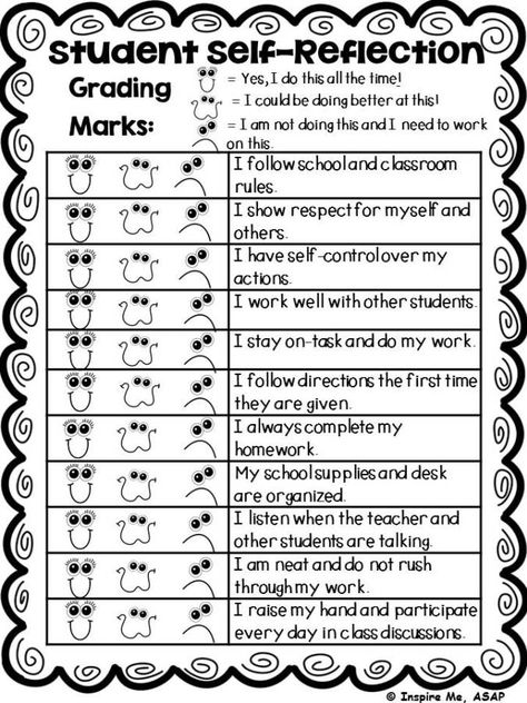 student self-reflection - mid-quarter and quarterly Student Self Assessment Elementary, Self Monitoring Checklist Student, Student Self Evaluation, Student Self Assessment, Behavior Reflection, Student Reflection, Report Card Comments, Report Cards, Classroom Behavior Management