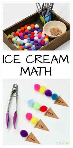 Ice Cream Numbers - preschool summer math that explores fine motor skills, counting, one-to-one correspondence, and more early math skills Matematik Prasekolah, Ice Cream Math, Aktiviti Prasekolah, Maluchy Montessori, Aktiviti Kanak-kanak, Summer Math, Ice Cream Theme, Summer Preschool, Kraf Diy