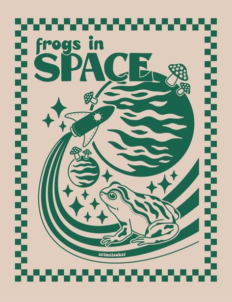 A monochrome retro poster with a frog in space.