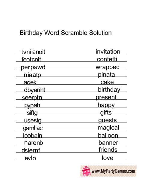 Birthday Party Games Ideas, Birthday Word Scramble, Printable Birthday Games, 1st Birthday Games, Party Games Ideas, Birthday Games For Adults, Scramble Words, Bowling Birthday Party, Family Mission