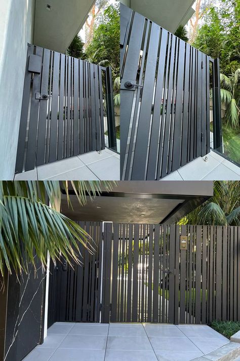 Steel fence custom design Main Gate Ideas, Aluminum Fence Gate, Modern Gate Design, Aluminum Gates, Gate Design Ideas, Gates And Fences, Compound Wall Design, Gate Designs Modern, Grill Gate Design