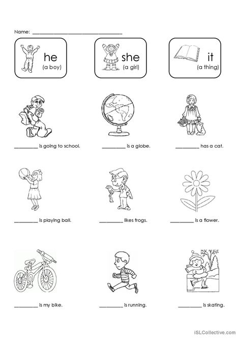 He, She, or It?: English ESL worksheets pdf & doc He She It Worksheet, Personal Pronouns, Fill In The Blank, Esl Worksheets, English Class, Worksheets For Kids, English Lessons, Grammar, Kindergarten