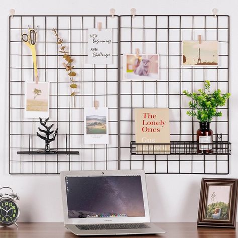 This wall decor will enhance your home's ambience and add a little extra design to your life. Wall Grid, Photo Hanging, Grid Panel, Hanging Display, Metal Grid, Black Shelves, Small Home Office, Wall Accessories, Accent Wall Decor