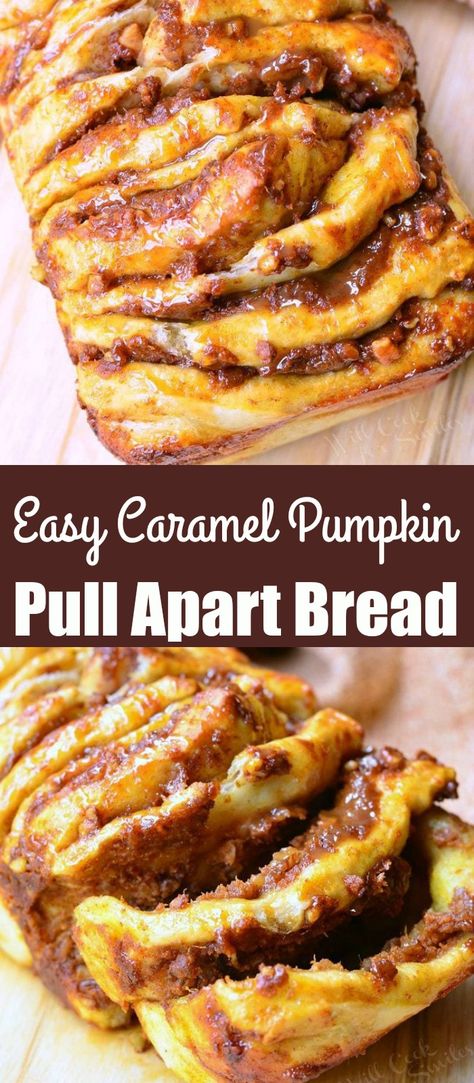 Easy Caramel Pumpkin Pull Apart Bread. Quick and easy pull apart bread where each layer is slathered in a sweet combination of pumpkin, caramel, and pecans. #pumpkin #pullapart #bread #caramel