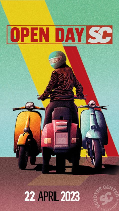 Scooter Center Artwork #SC_openday_23 Artwork: @vonrusso Vespa Poster, Scooter Poster, Ticket Design, Open Day, Poster Ads, E Scooter, Festival Posters, Opening Day, Creative Posters