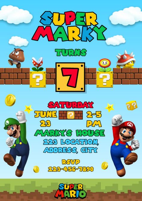 Copy of Super Mario Bros Birthday Invitation Card Super Mario Invitation Template, Super Mario Birthday Party Invitations Free Printable, Super Mario Birthday Invitations Free, Super Mario Invitations Free Template, Mario Birthday Party Invitations, Super Mario Birthday Invitations, Mario Birthday Invitations, Mario Invitations, Super Mario Bros Birthday