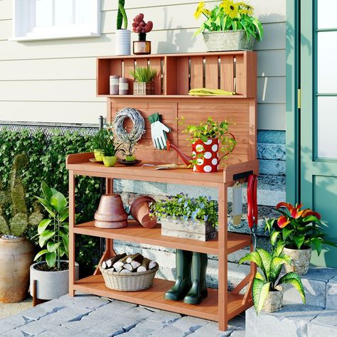 If you are a gardening enthusiast, this potting bench will be a great choice. With an overall height of 65 inches and a potting height of 36 inches, it is designed with 4 ample storage racks to keep your tools conveniently stored in one place without having to bend or squat. It's not always flat in the garden. For your safety when setting up the potting table, the potting table is designed with an anti-fall device. Consisting of 1 upper shelf (including 2 grids) and 3 lower shelves, this potting Garden Potting Bench, Outdoor Potting Bench, Wooden Farmhouse, Potting Tables, Potting Table, Table Farmhouse, Grande Table, Farmhouse Garden, Potting Bench