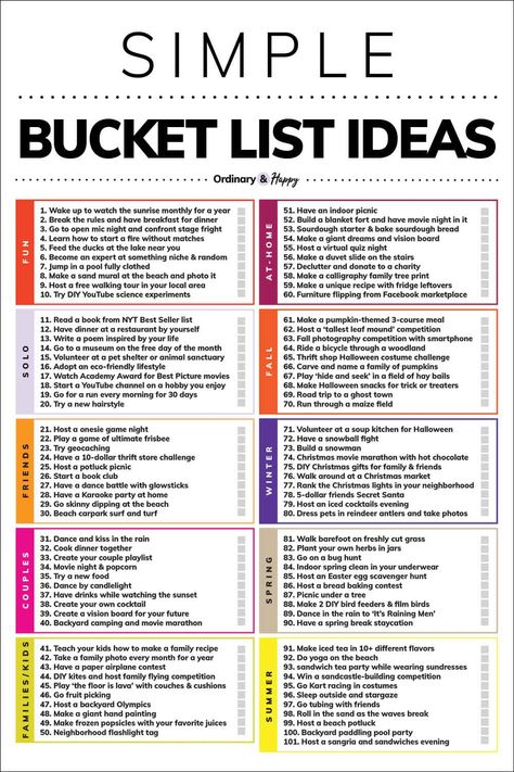 100+ Simple Bucket List Ideas (list image). Challenge List Ideas, Simple Summer Bucket List, Things To Do Before 50 Bucket Lists, Free Bucket List Ideas, Travel Challenge Ideas, Fun Goals Ideas, 100 Bucket List Ideas, Small Bucket List Ideas, Bucket List Goals