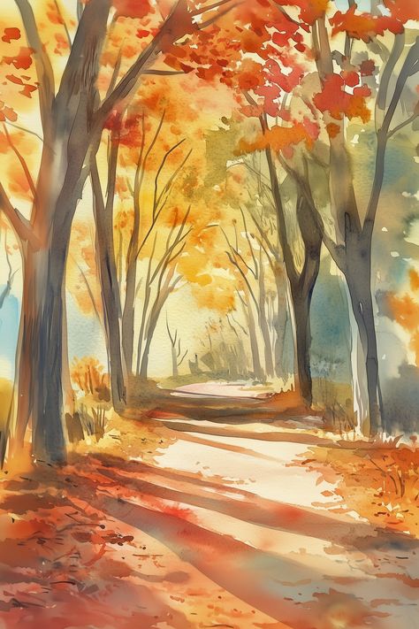 "Along the Autumn Path" is a captivating art print that captures the essence of a serene walk through a sunlit autumn forest. The blend of warm hues and delicate watercolor strokes brings the beauty of fall foliage to life, making it a perfect addition to any nature lover's collection. Characteristics: autumn, pathway, trees, forest, watercolor, fall foliage, sunlit, warm colors, nature, landscape, serene, vibrant, golden, red, orange, yellow. Uses:  Our decorative art papers are produced with q Autumn Watercolor Landscapes, Watercolor Fall Trees, Fall Trees Painting, Nature Watercolor Art, Digital Art Software, Watercolor Strokes, Forest Watercolor, Autumn Watercolor, Fall Beach