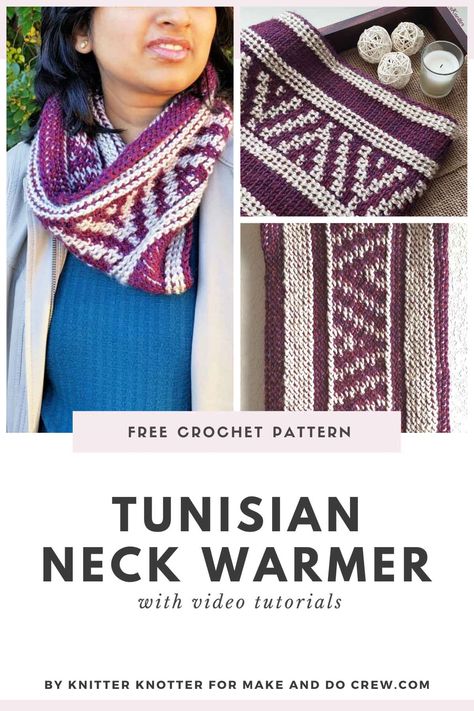 Worked in only two stitches, this Tunisian crochet neck warmer pattern achieves its beautiful color work magically with no color changes mid-round. #makeanddocrew #knitterknotter #tunisiancrochetpattern Crochet Neck Warmer Free Pattern, Tunisian Crochet Cowl, Crochet Neck Warmer Pattern, Neck Warmer Pattern, Crochet Cowl Free Pattern, Make And Do Crew, Tunisian Crochet Pattern, Crochet Neck Warmer, Tunisian Crochet Patterns