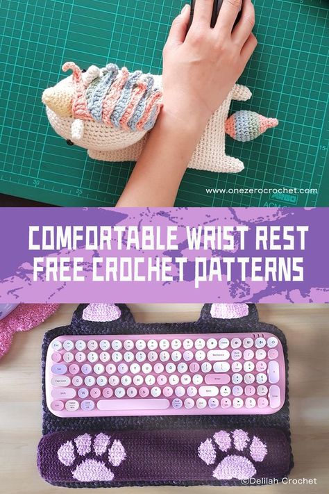 #freecrochetpatterns Both of these Crochet Wrist Rest patterns are not only functional, but also add a touch of personality to your workspace Crochet Wrist Rest Pattern Free, Crochet Keyboard Wrist Rest, Crochet Wrist Rest Cushion, Crochet Patterns To Sell Craft Fairs, Crochet Monitor Cover, Crochet Office Accessories, Crochet Wrist Rest, Crochet Desk Accessories, Crochet Office