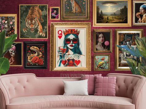 Discover our exclusive "12 Altered Art Trendy and Eclectic Bundle" collection - a series of artworks designed for lovers of eclectic and maximalist spaces. This gallery of Printable Wall Art offers a unique and creative selection of an Eclectic Poster Set, perfect for those looking to add an original and vibrant touch to any space. Whether you're decorating the kitchen, bathroom, dorm room, or any area that needs a splash of style, our trendy prints will meet your extraordinary tastes. Each piece is a digital download, making the decoration process quick and easy. Express your personality with our Maximalist Wall Art and transform your walls into a trendy and eclectic gallery. Don't miss the chance to add a whimsical and original touch to your spaces! ► Our printable digital download Art o Maxamilist Wall Decor, Wall Art Around Tv, Maximalist Graphic Design, Wall Of Paintings, Wall Frames Ideas, Eclectic Art Wall, Eclectic Poster, Moody Maximalist, Eclectic Interior Design Vintage