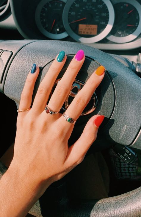 Nails Inspiration Multicolor, Nails With Each Hand A Different Color, Interesting Nail Colors, Funky Nail Colors, Every Nail A Different Color, Multicolor Spring Nails, Multiple Nail Color Ideas, Multicolor Summer Nails, Fun Solid Color Nails