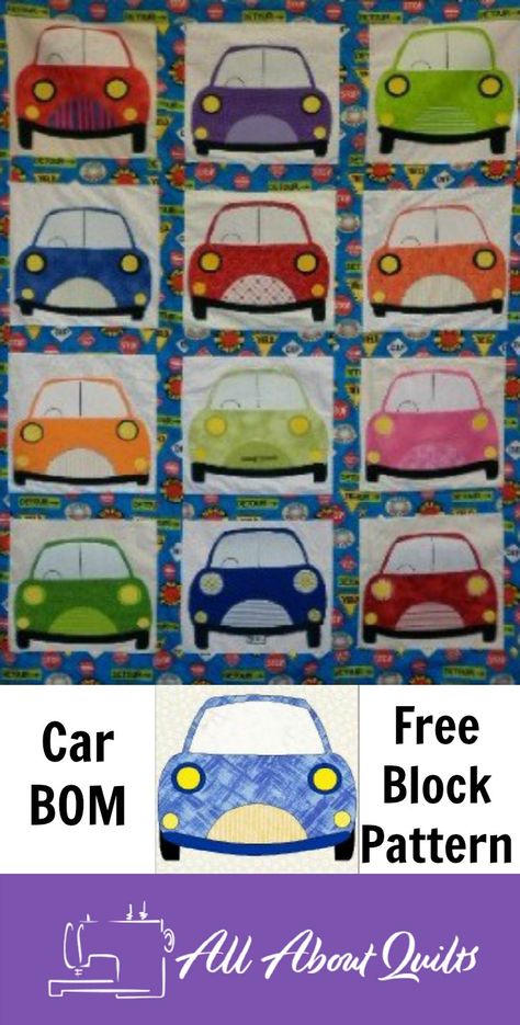 Free car block applique pattern to make your own quilt - a great block for your BOM project Car Quilt Pattern Free, Car Applique Pattern, Car Quilt Block Pattern Free, Car Quilt Pattern, Sewing Machine Quilt Block, Free Quilt Patterns Printables, Superhero Quilt, Calendar Blocks, Camper Quilt