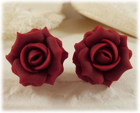 Red Maroon Rose Stud Earrings Red Rose Jewelry, Maroon Earrings, Red Rose Earrings, Red Flower Earrings, Clay Techniques, Rose Stud Earrings, Wrist Jewelry, Polymer Clay Jewelry Diy, Floral Studs