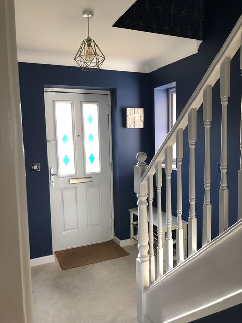 Navy And White Hallway Ideas, Navy Blue Hallway Ideas, Navy Banister Stairways, Dark Blue And White Hallway, Navy Entrance Hall, Navy Blue Hallway, Hall Stairs And Landing Decor Paint Colors Colour Schemes, Dark Blue Hallway And Stairs, Blue Woodwork Hallway