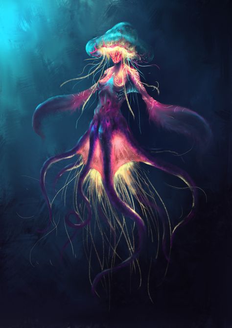 Ocean Themed Dnd Character, Half Human Half Sea Creature, Magical Sea Creatures Fantasy Art, Mythical Sea Creatures Art, Jellyfish Character Design Male, Deep Sea Character Design, Ocean Monsters Deep Sea Creature, Jellyfish Alien, Fantasy Hybrids