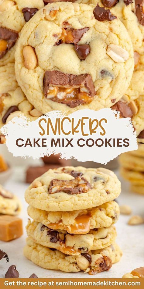 Snickers cake mix cookies offer an easy way to enjoy a delicious dessert using simple ingredients. With chunks of Snickers bars, roasted peanuts, caramel pieces, and semi-sweet chocolate chips, these cookies are packed with flavor and texture. Find out how to make them, get tips for perfect results, and learn about different variations to customize your cookies. Perfect for using up candy bars and making a quick, satisfying treat. Snickers Peanut Butter Cookies, Chocolate Chunk Cookie Bars, Boxed Cake Cookies, Snickers Desserts, Dump Cookies, Cookies With Candy, Snickers Dessert, Jello Cookies, Snickers Cookies