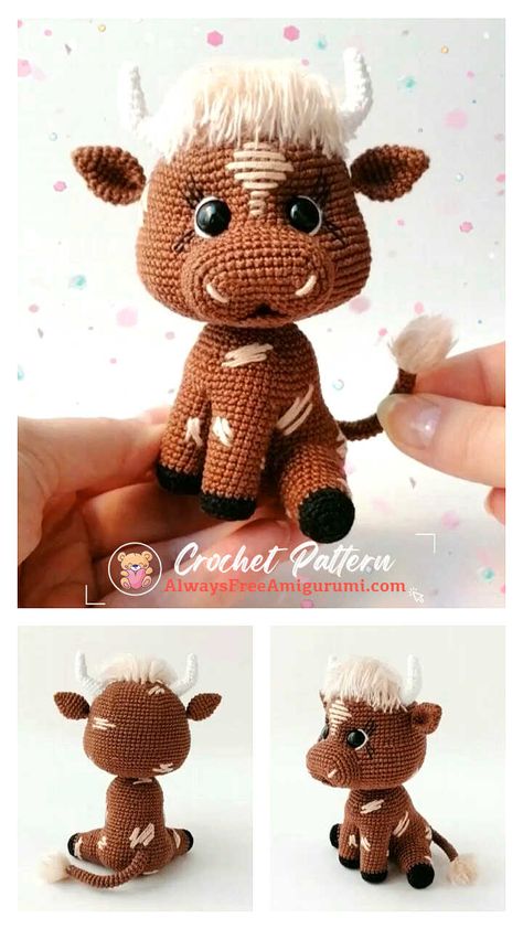 Free Crochet Bull Pattern & many amigurumi bull idea... Bull Amigurumi Free Pattern, Amigurumi Cow Free Pattern, Crochet Farm Animals, Crocheted Cow Pattern, Knitting Amigurumi, Amigurumi Cow, Animal Knitting Patterns, Pola Amigurumi, Crochet Cow