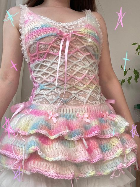 What To Crochet With Rainbow Yarn, Mini Dress Crochet, 90s Crochet Fashion, Rainbow Dress Aesthetic, Pastel Rainbow Clothes, Crochet Cute Clothes, Rainbow Crochet Outfit, Mini Sewing Projects, Crochet Clothing Ideas