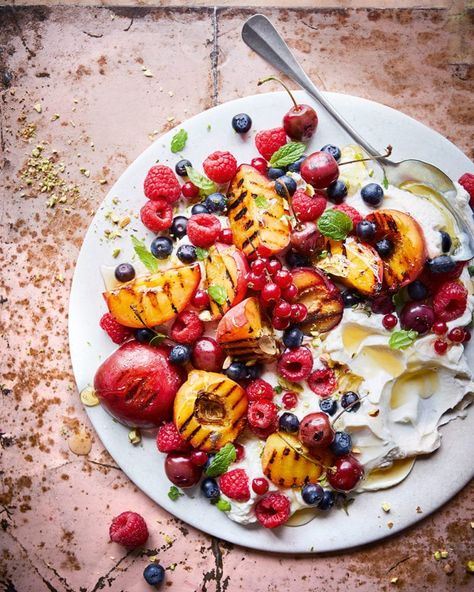 Grilled fruit salad with honey labneh Grilled Fruit Salad, Fruit Salad Food Photography, Grilled Plum Salad, Honey Yogurt Fruit Salad, Summer Fruit Salad Aesthetic, Stone Fruit Salad, Summer Fruit Recipes, Grilled Peach Salad, Honey Roasted Carrots