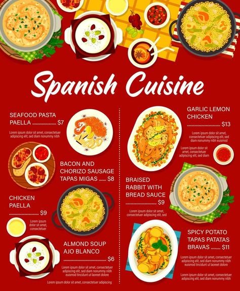 Spanish cuisine vector menu Spain meals price list Spanish Menu, Shrimp In Garlic Sauce, Danish Cuisine, Chicken Paella, Restaurant Menu Covers, Georgian Cuisine, Salmon Sandwich, Malaysian Cuisine, Tapas Restaurant