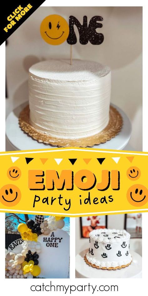 Check out this fun smiley birthday party! The cake are awesome! See more party ideas and share yours at CatchMyParty.com Smiley Face Birthday Cake Ideas, Smiley Face Food, Birthday Smiley, Emoji Cake, Cookie Party Favors, Emoji Birthday Party, Emoji Birthday, Emoji Party, Baby Birthday Themes