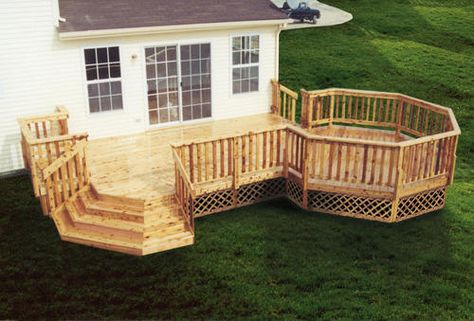 Like this for the deck? Imagine there not being the steps, and possibly have the staircase wrap around the octagon Deck Remodel, Bump Out, Mobile Home Porch, Wooden Deck, Patio Deck Designs, Building A Porch, Deck Designs Backyard, Deck Projects, Home Porch