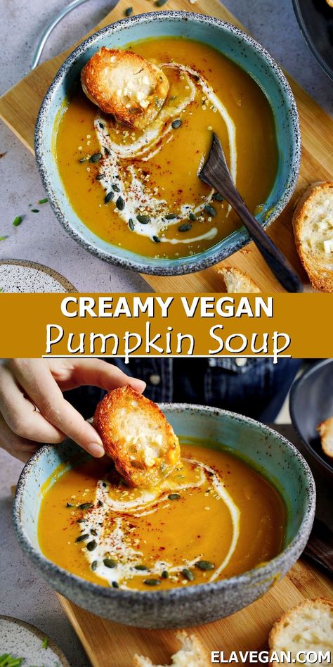 Pumpkin Soup Coconut Milk, Pumpkin Soup With Coconut Milk, Vegan Pumpkin Soup Recipe, Pumpkin Coconut Soup, Slow Cooker Pumpkin Soup, Ella Vegan, Veg Stock, Vegan Pumpkin Soup, Soup Creamy