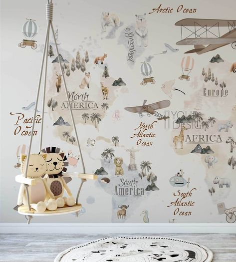 A beautifully illustrated childrens map mural with cute little animals printed on high quality material.Custom sizes and samples are available. The removable peel + stick wallpaper is an innovative no paste, no mess solution to traditional wallpaper. You can remove and reapply multiple times leaving little or no residue. It's a high grade, textured poly-woven material that won't crease or rip and water and scratch resistant too. REMOVABLE PEEL+STICK WALLPAPER WALL PREP: · Best applied to a smoot European Wallpaper, Kindergarten Wallpaper, Map Wall Mural, Premium Wallpaper, Kids World Map, Maps For Kids, World Map Wallpaper, Map Wallpaper, Kids Room Wallpaper