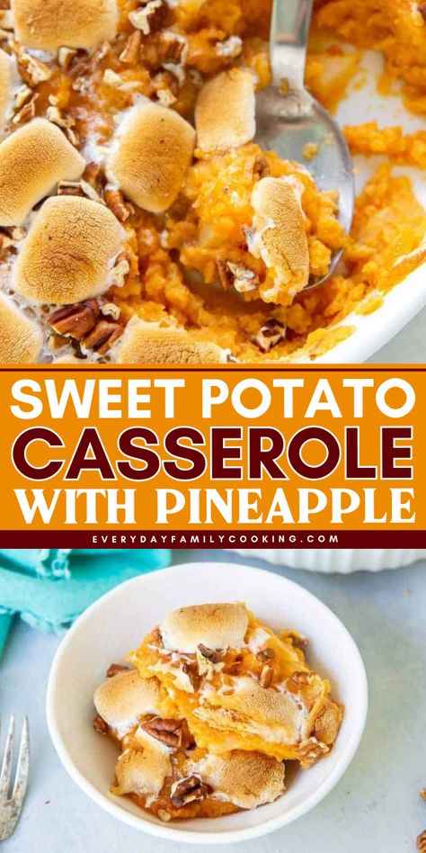 Everyone will love this best sweet potato pineapple casserole added in your Thanksgiving dinner party! Learn how to make this easy casserole recipe made with pineapple, yams, pecans, marshmallows, and, of course, brown sugar. Decadent and delicious! Pineapple Sweet Potato Casserole, Yams Recipe Baked, Masquerade Food, Sweet Potato Casserole With Pineapple, Sweet Potatoes Casserole, Pineapple Sweet Potato, Sweet Potato Pineapple, Easy Casserole Recipe, Easy Thanksgiving Dinner